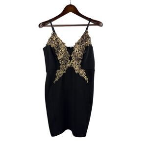 Women’s Lipsy London Size 10 Black w/ Gold Lace Mini Pencil Dress